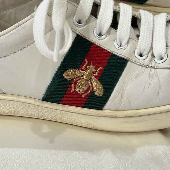 Gucci Ace Embroidered Sneakers White Leather Web Stripe Bee Green Red Size 5.5 - Picture 5 of 14